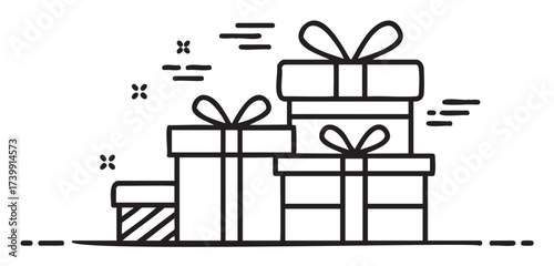 Black outline vector illustration of three neatly stacked gift boxes with ribbons and bows, representing celebration and gifting concepts.
