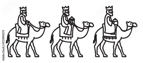 Three robed figures wearing crowns ride on camels, each holding a gift, depicted in a simple black outline style.