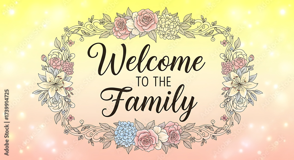 Fototapeta premium Welcome message with floral wreath displayed on a soft yellow and pink gradient, creating a warm and inviting feeling for new family members.