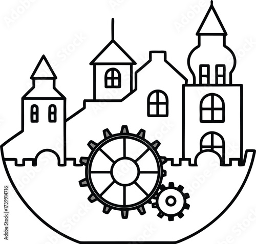 steampunk clockwork town coloring page vector illustration on transparent background