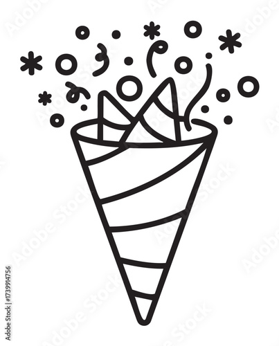 Black outline icon of a party popper with confetti and ribbons bursting outward, conveying celebration and joy.
