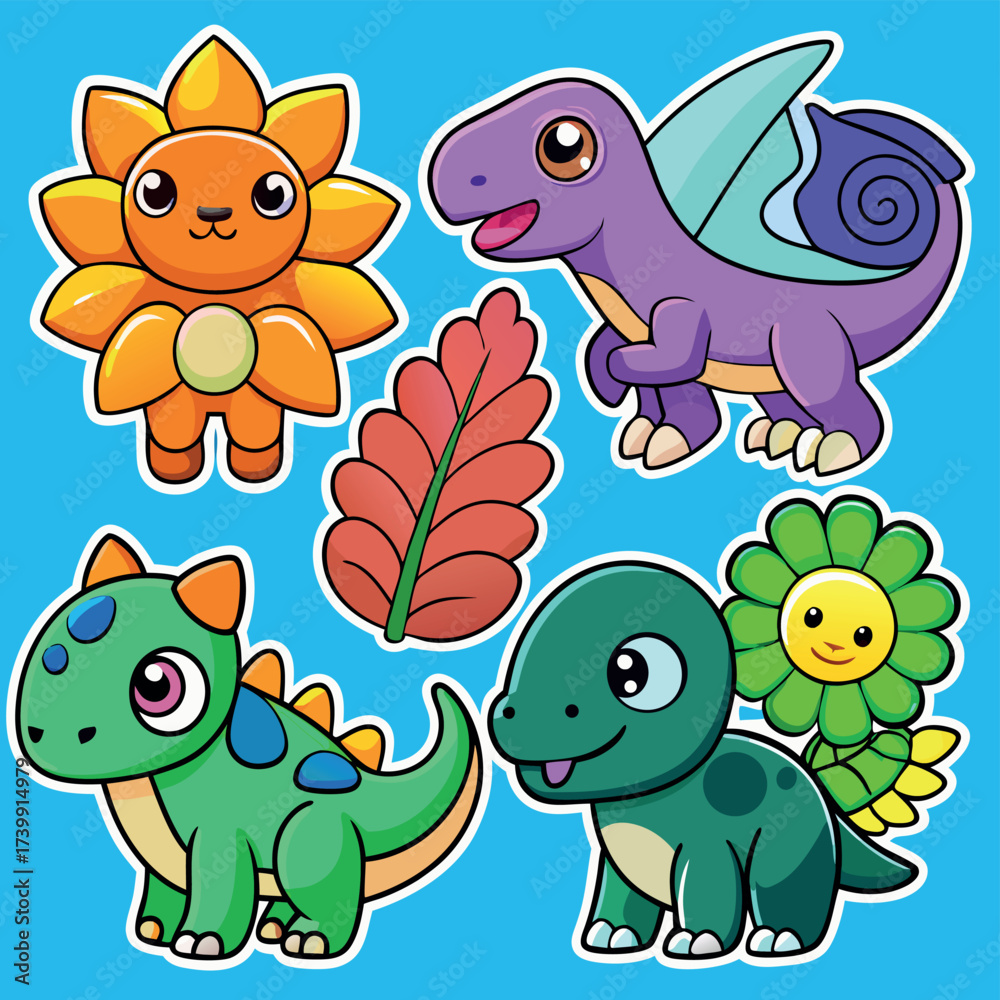 Naklejka premium Cute cartoon dinosaur characters and sunflowers for children's designs
