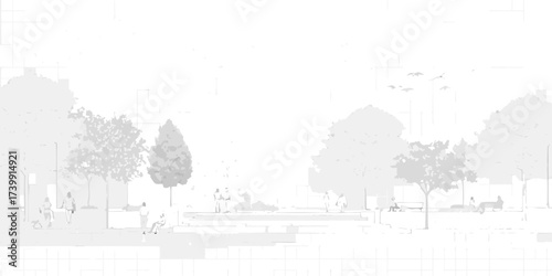 Minimalist sketch of people enjoying a park with trees and birds in flight