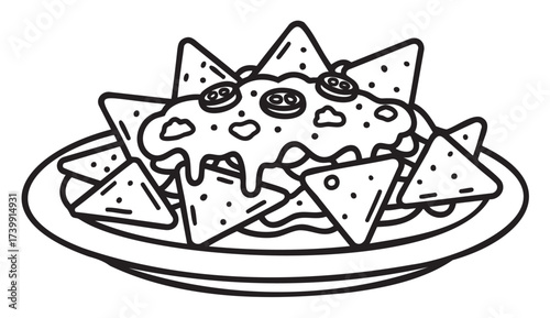 Black outline drawing of a plate of nachos with cheese and jalapeño slices on top of triangular tortilla chips.