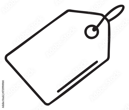 Black outline of a simple, minimalist price tag with a string loop, suitable for shopping and retail concepts.