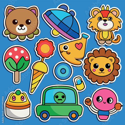 Cute kawaii cartoon animals fruits toys vehicle and spaceship sticker pack fun kids art