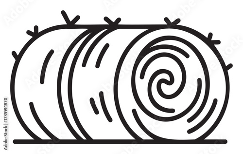 Black outline icon of two rolled hay bales with a spiral center and linear details, illustrating agricultural and farming concepts.
