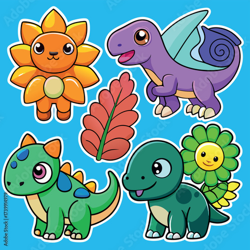 Cute cartoon dinosaur characters and sunflowers for children's designs