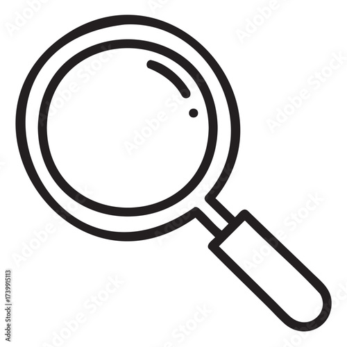 Black outline icon of a classic magnifying glass with a circular lens and a simple handle. used for search and exploration concepts.