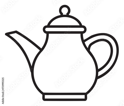 Simple outline of a traditional teapot with a large handle and spout, used for brewing tea.