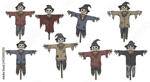 A collection of eight handdrawn spooky scarecrows.
