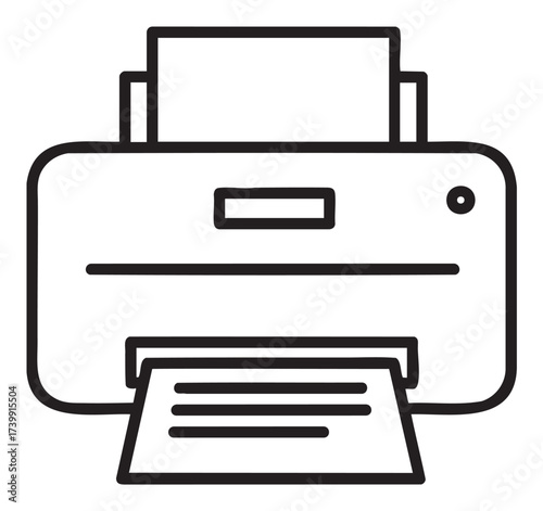 Black outline icon of a simple printer with paper loaded, depicting an office equipment concept.