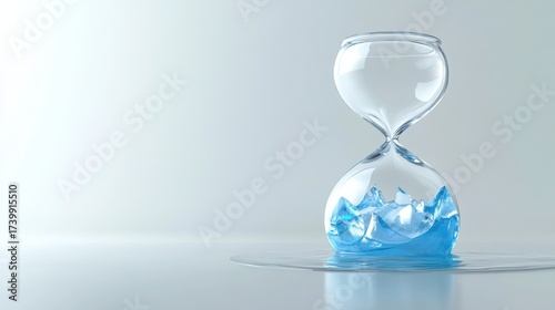 Transparent hourglass with melting glaciers in diffused light for professional stock use