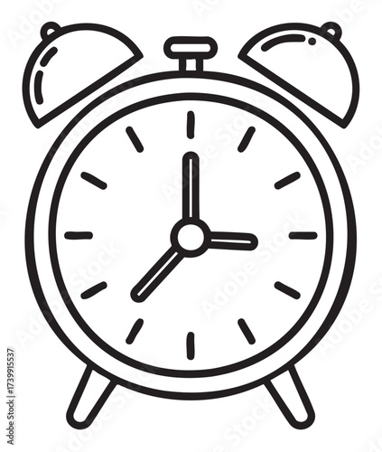 Black outline illustration of a classic round alarm clock with two bells on top and a minimalistic design.