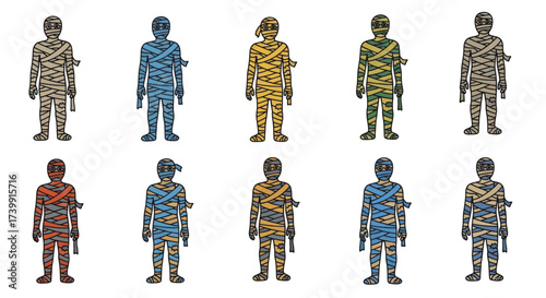 Set of ten colorful cartoon mummy illustrations for Halloween.