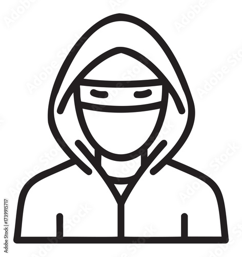 Black outline icon of a hooded figure wearing a mask, symbolizing anonymity and secrecy.