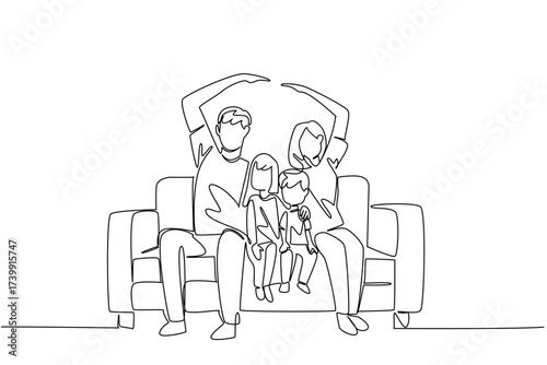 Single continuous line drawing a family sitting on sofa, the hands of parent forms the roof of the house. Concept of parents as protectors. Global Day of Parents. One line design vector illustration