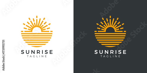 Sunrise Logo with Sunburst and Ocean Lines Vector Design