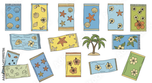 Set of isolated beach towels with tropical designs and a palm tree.
