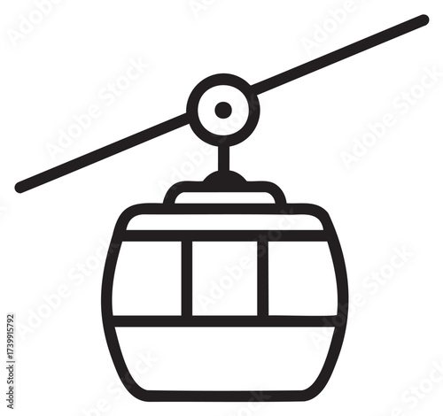 Black outline icon of a cable car suspended on a single cable, featuring a circular attachment and rectangular windows.