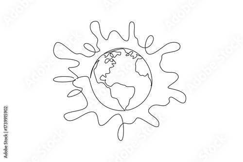 Continuous one line drawing globe goes into milk making a splash. Like an advertisement that will make all children in the world love milk. World Milk Day. Single line draw design vector illustration