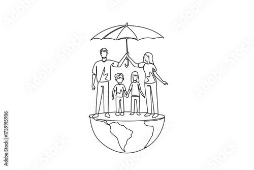 Continuous one line drawing parents together holds umbrella for their children stands on hemisphere of globe. Symbol as a protector. Global Day of Parents. Single line draw design vector illustration
