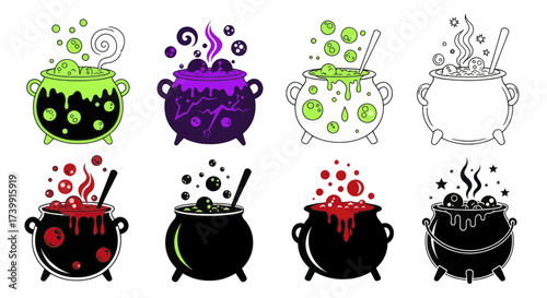 Set of witch cauldrons with bubbling magic potions.