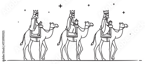 Three wise men in robes ride camels in a linear black outline, symbolizing a traditional epiphany scene with stars above.