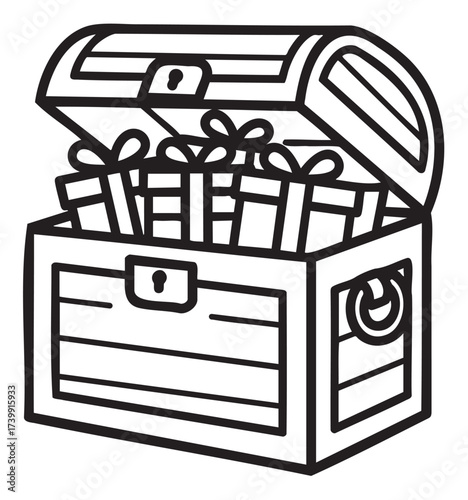 Black outline drawing of an open treasure chest filled with several wrapped gifts, each topped with a bow, emphasizing themes of discovery and giving.
