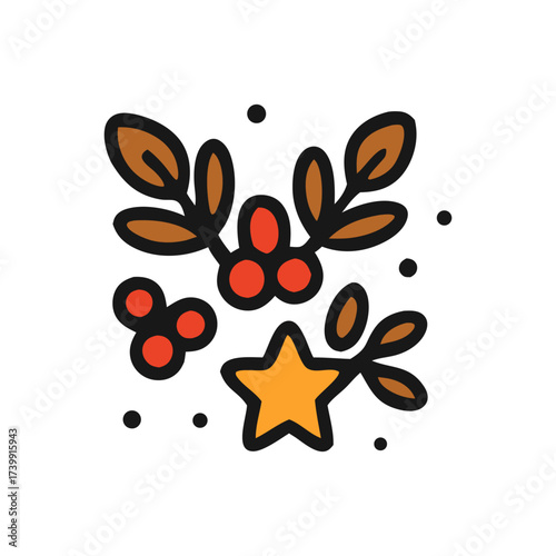 Decorative elements festive holiday icon showcases leaves berries and a star as decorative elements. Suitable for holiday designs, invitations, posters, and festive decorations