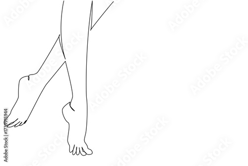 Single continuous line drawing barefoot legs crossed. Walking with a freestyle sway. Take a leisurely walk and enjoy the holiday. Tiptoe. National Go Barefoot Day. One line design vector illustration