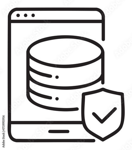Black outline icon of a secure database server, featuring a cylindrical stack on a screen with a shield and checkmark, representing data protection.