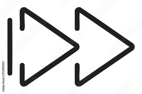 Bold black outline icon of a double right-pointing fast forward symbol on a plain .