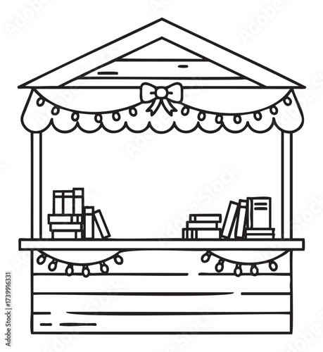 Black outline of a simple bookshop stall with books arranged on shelves and decorative lights below the canopy.