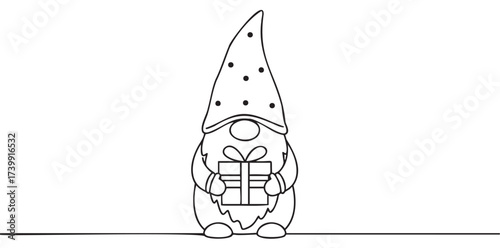 Black outline drawing of a gnome with a tall hat holding a wrapped gift box, characterized by a beard and round nose.