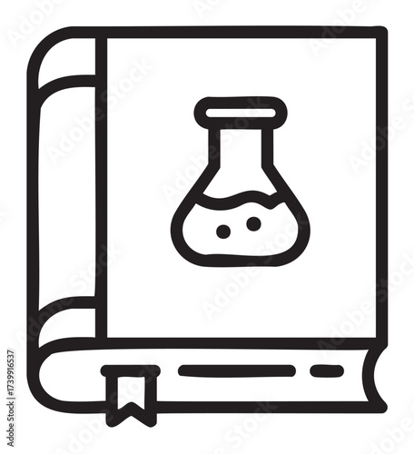 Black outline icon of a chemistry textbook with a laboratory flask on the cover, featuring a bookmark at the bottom.