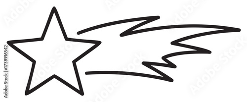 Black outline drawing of a shooting star with a pointed tail, symbolizing speed and movement in a minimalist style.