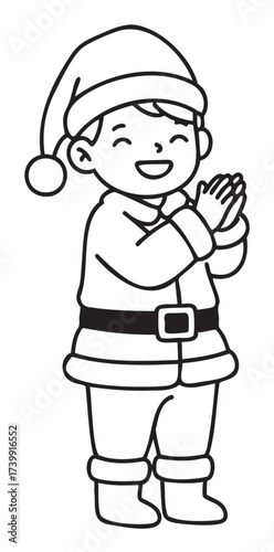 Black outline drawing of a smiling young caucasian boy dressed as santa claus, clad in a hat, coat, belt, and boots, with hands clasped in joy.