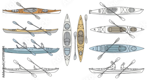 A diverse collection of handdrawn kayaks and paddles shown from various angles.