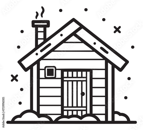 Black outline of a simple wooden house with a chimney and a single door, surrounded by minimalistic decor, conveying a cozy and rustic feel.