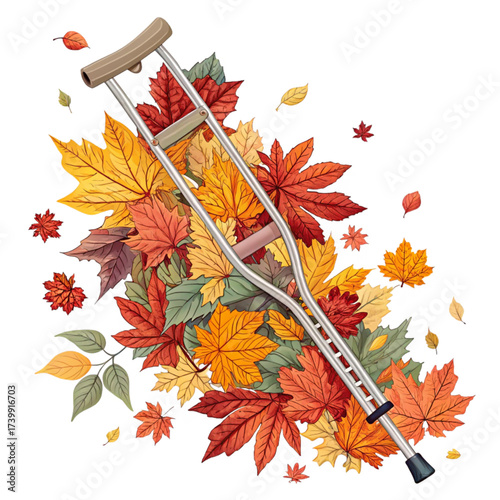 Crutches amidst vibrant autumn leaves, symbolizing fall injuries and recovery, perfect for healthcare campaigns and seasonal wellness promotions