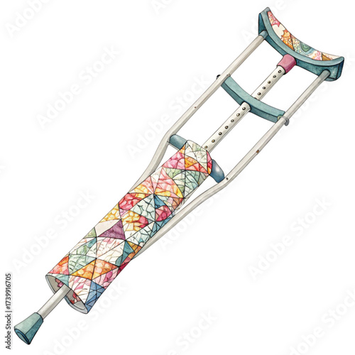 Unique crutch decorated with colorful quilt pattern, representing healing, recovery, and support after injury with a touch of artistry and personalized care