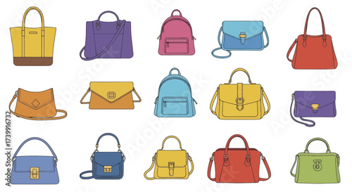 Set of colorful womens bags handbags and backpacks Fashion accessories collection isolated on a white background.