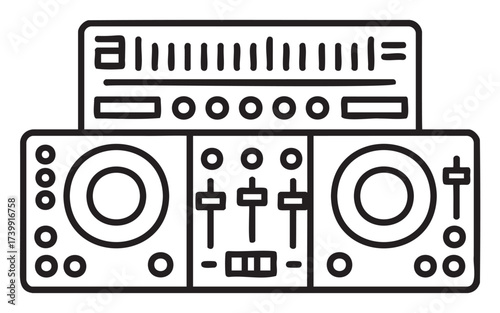 Black outline drawing of a dj mixer console with dual turntables and an array of control buttons for audio manipulation.