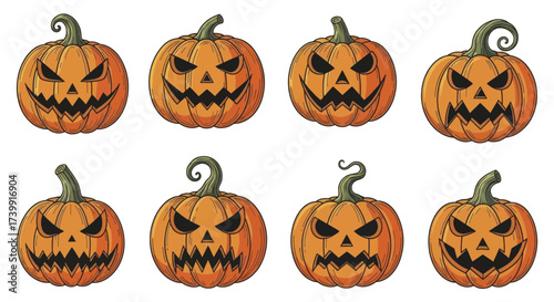 Set of cartoon Halloween pumpkins with scary faces isolated on white background.