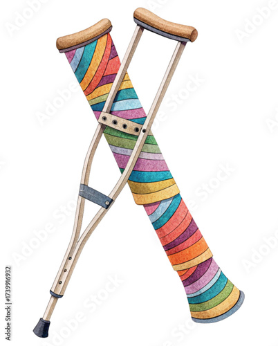 Whimsical crutches adorned with vibrant rainbow stripes, offering both mobility and a touch of playful charm for recovery and well-being during healing