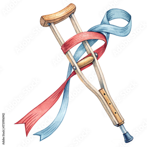 Watercolor crutches embracing red and blue ribbons, symbolizing hope and healing during recovery, perfect for medical designs, health awareness campaigns