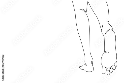 Continuous one line drawing barefoot legs seen from behind while walking. Take a leisurely walk on the grass for health. Beach. National Go Barefoot Day. Single line draw design vector illustration