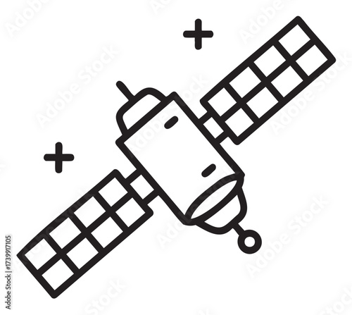 Black outline icon of a satellite with solar panels extended, highlighting communication and technology themes.