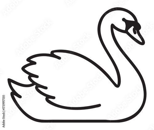 Black outline vector icon of a graceful swan facing right, illustrating minimal design for wildlife and nature themes.